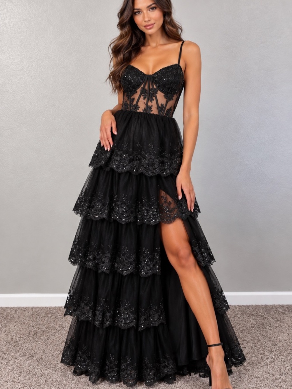 NWT Lulus Alluring Sensation Black Tulle Embroidered Tiered Maxi Dress M